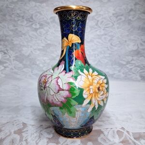 Vintage Cloisonne Vase Basket Of Flowers Chrysanthemum Butterfly Cobalt Blue